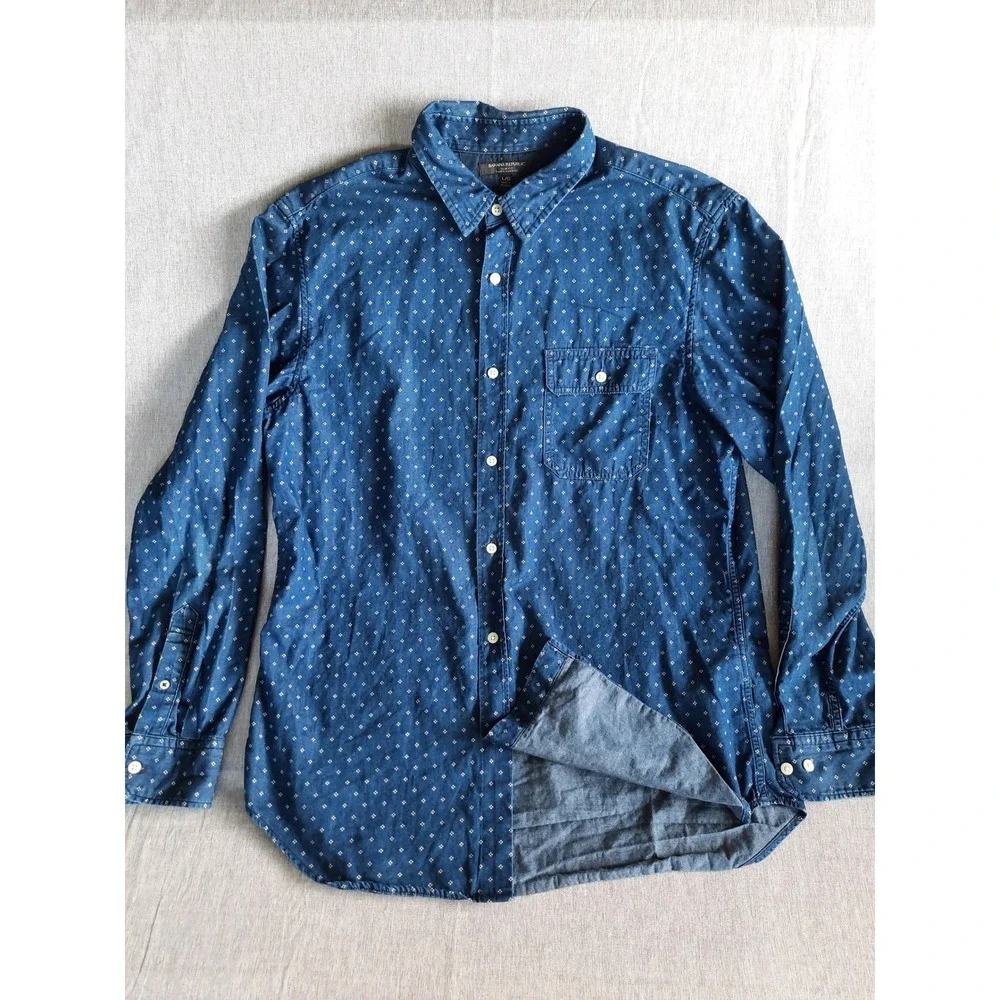 Banana Republic Slim Fit Coupe Ajustee Men Large Button Shirt Chambray Navy Blue